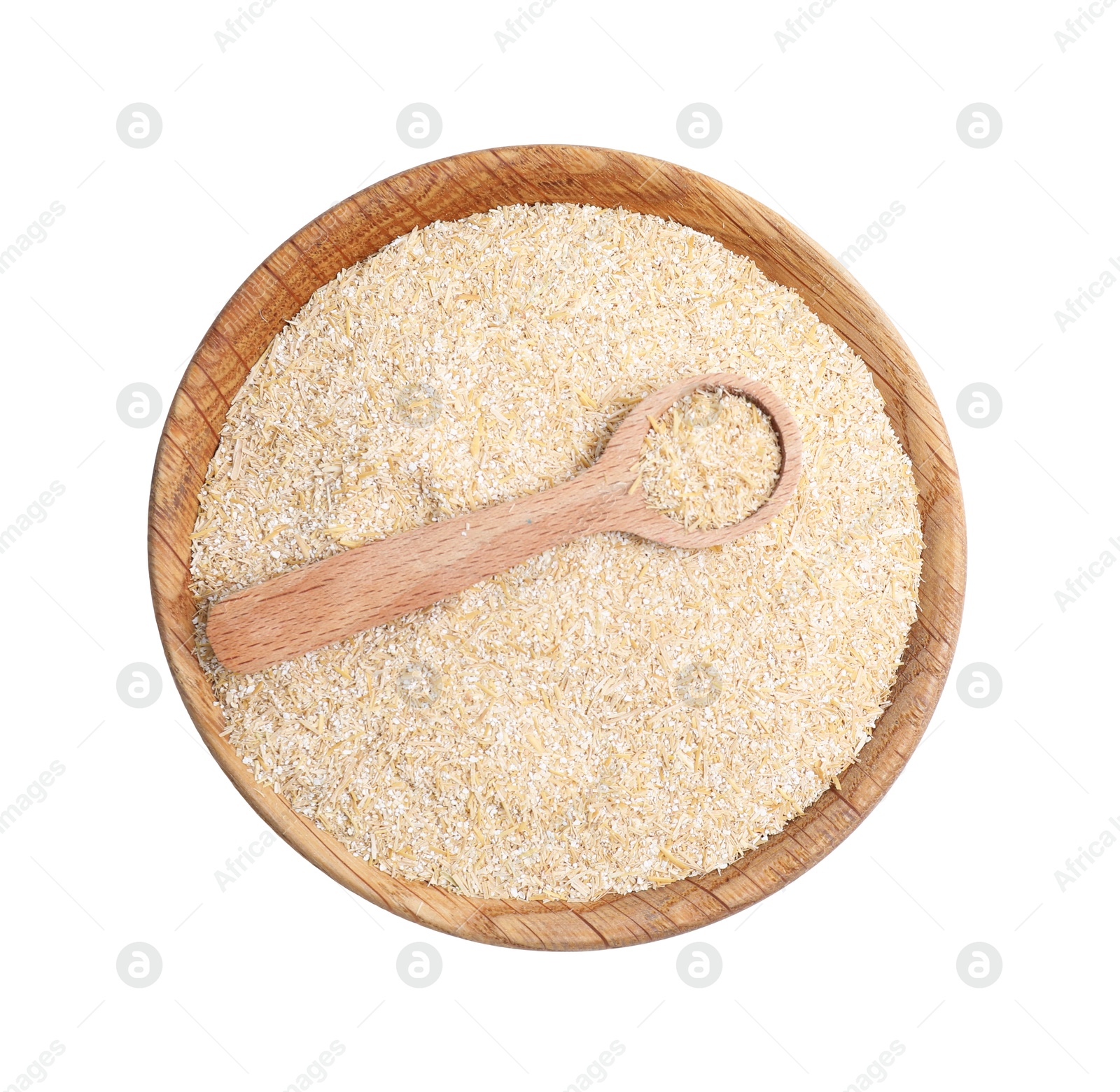 Photo of Oat bran and spoon isolated on white, top view