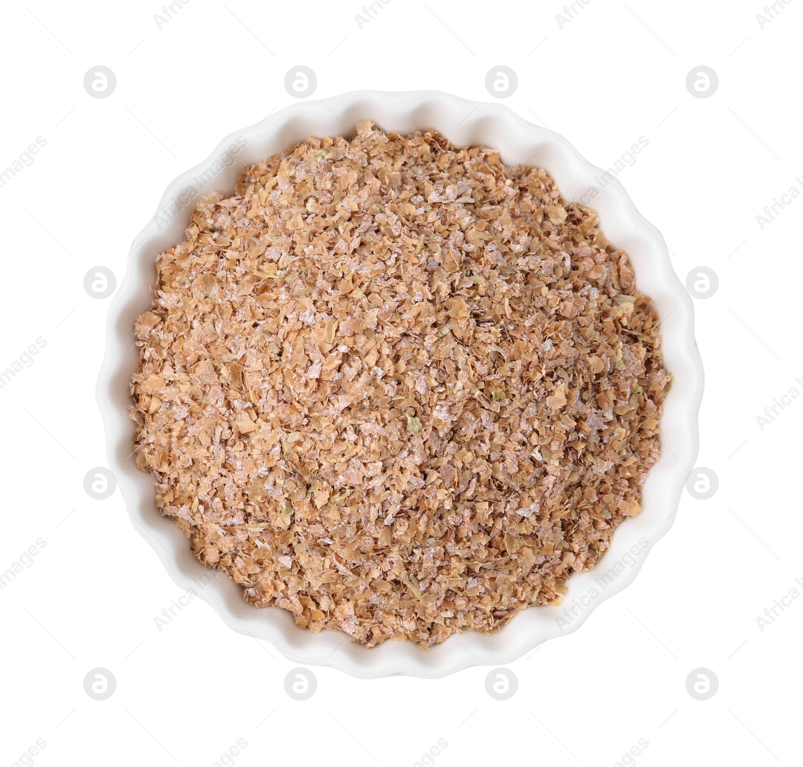 Photo of Buckwheat bran in bowl isolated on white, top view