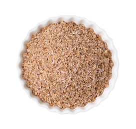 Buckwheat bran in bowl isolated on white, top view