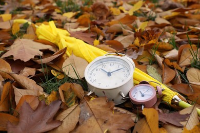 Photo of Alarm clocks and yellow umbrella on dry leaves in park