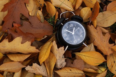 Photo of Alarm clock on dry leaves, top view. Space for text