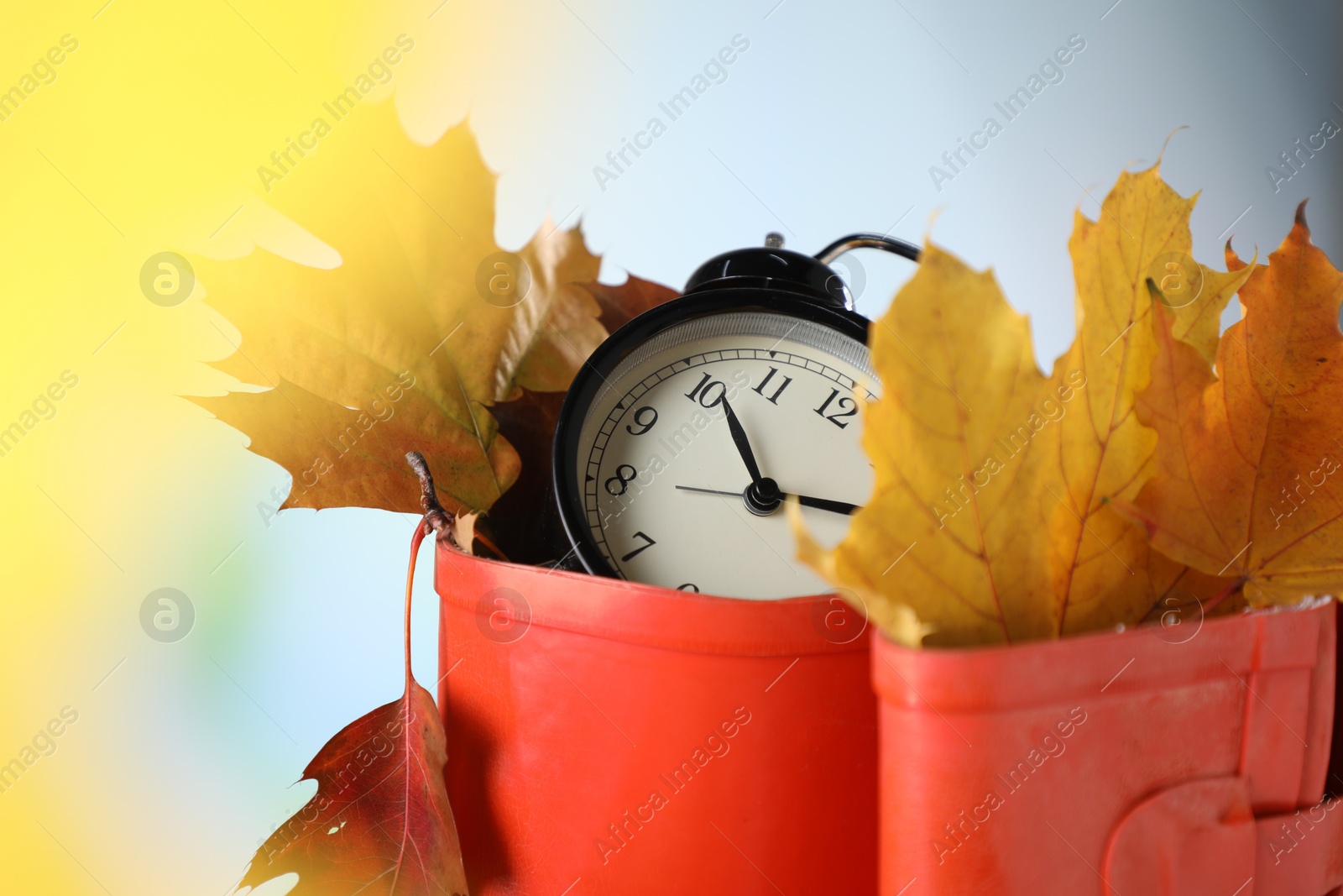 Photo of Alarm clock, dry leaves and rubber boots on blurred background, closeup