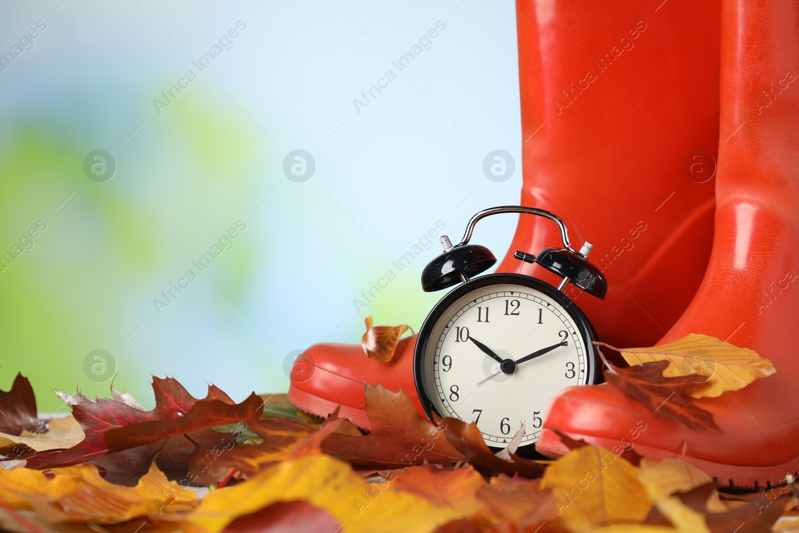 Photo of Alarm clock, dry leaves and rubber boots on blurred background, closeup. Space for text