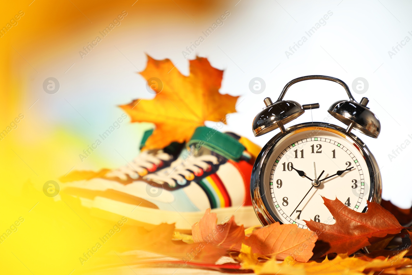 Photo of Alarm clock, dry leaves and stylish sneakers on blurred background, closeup