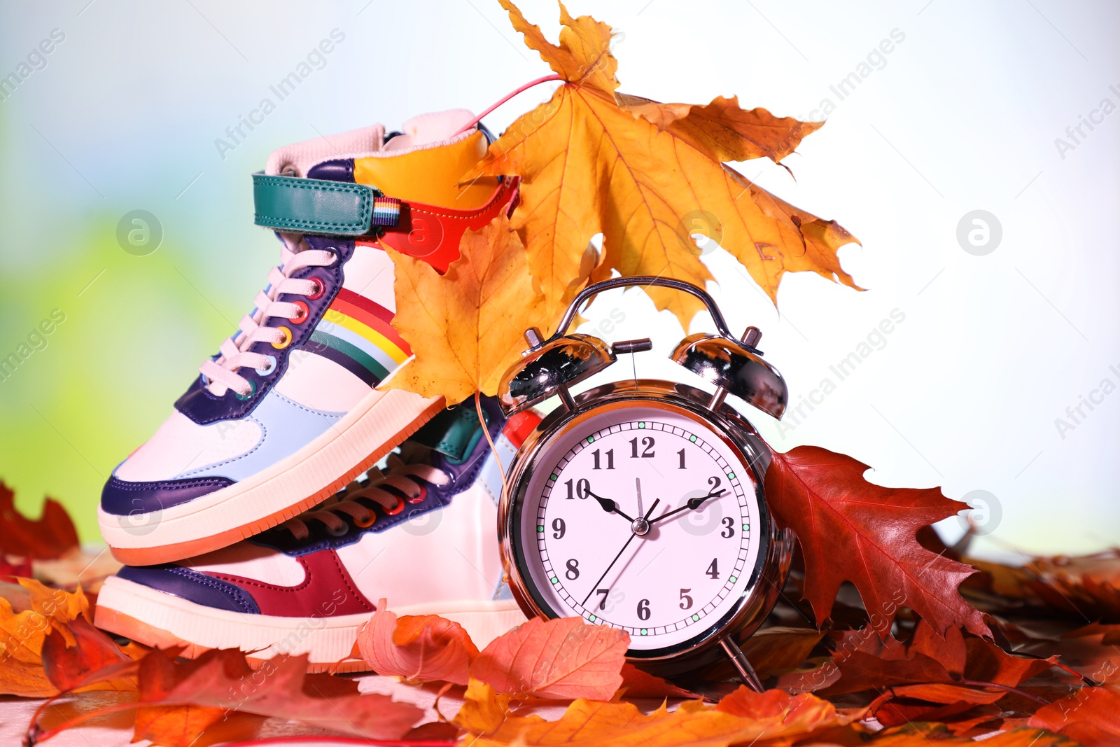 Photo of Alarm clock, dry leaves and stylish sneakers on blurred background, closeup