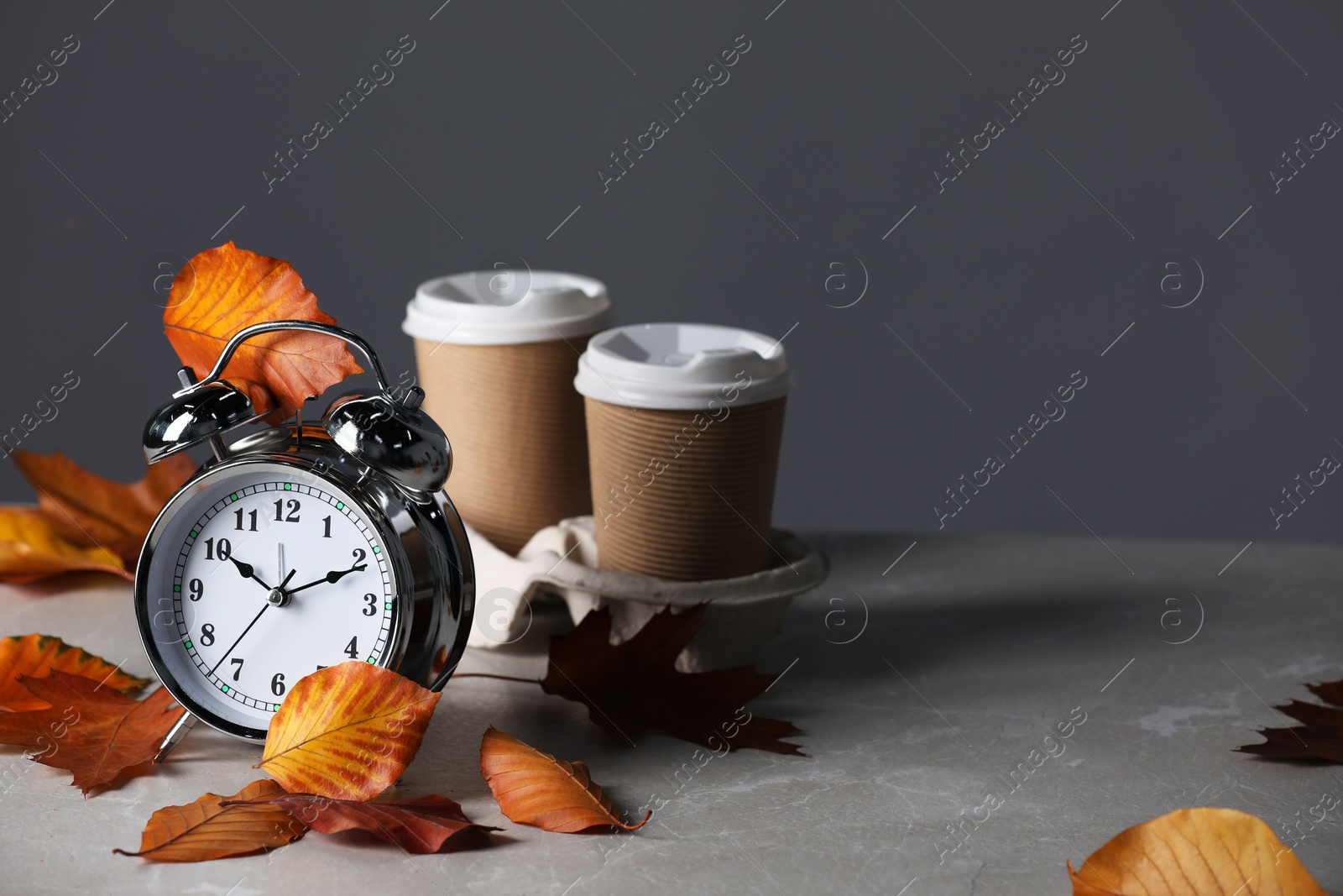 Photo of Alarm clock, dry leaves and cups of coffee on light grey background, space for text