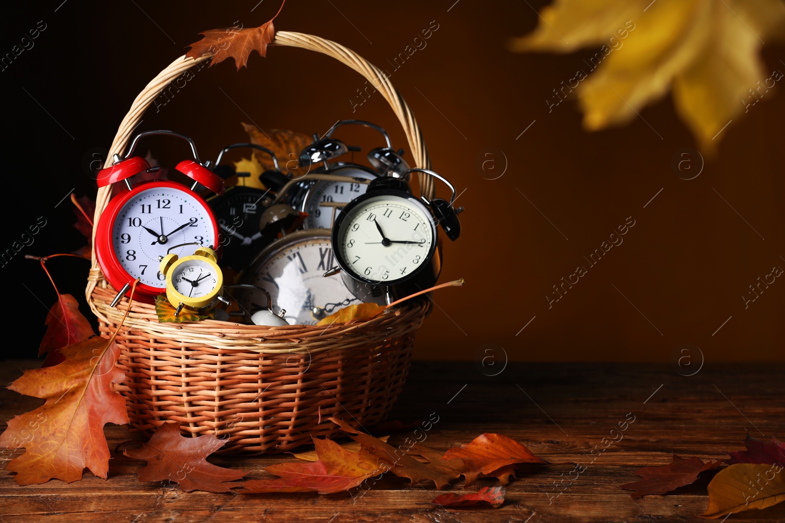 Photo of Alarm clocks and dry leaves in wicker basket on wooden table against brown background, space for text