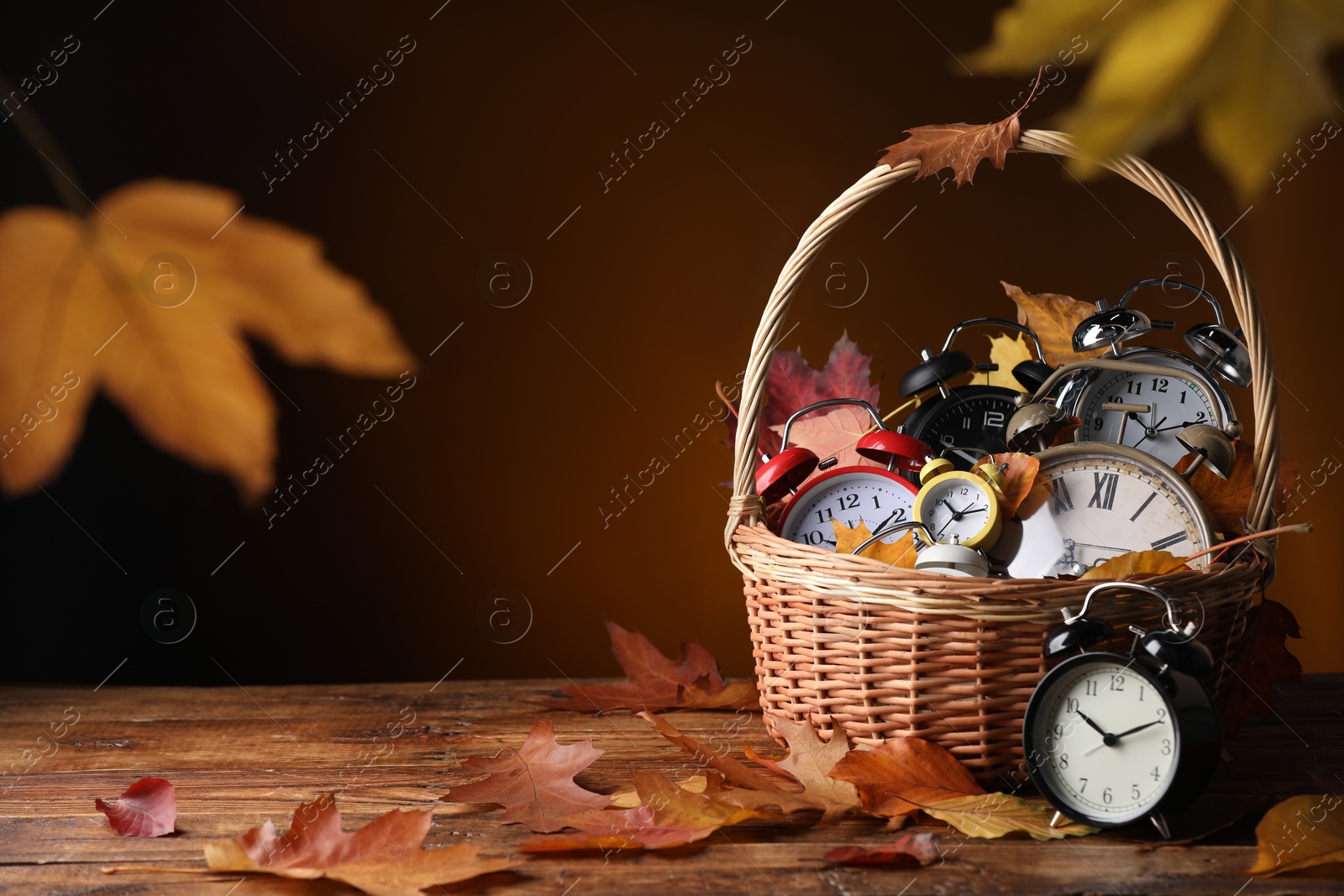 Photo of Alarm clocks and dry leaves in wicker basket on wooden table against brown background, space for text