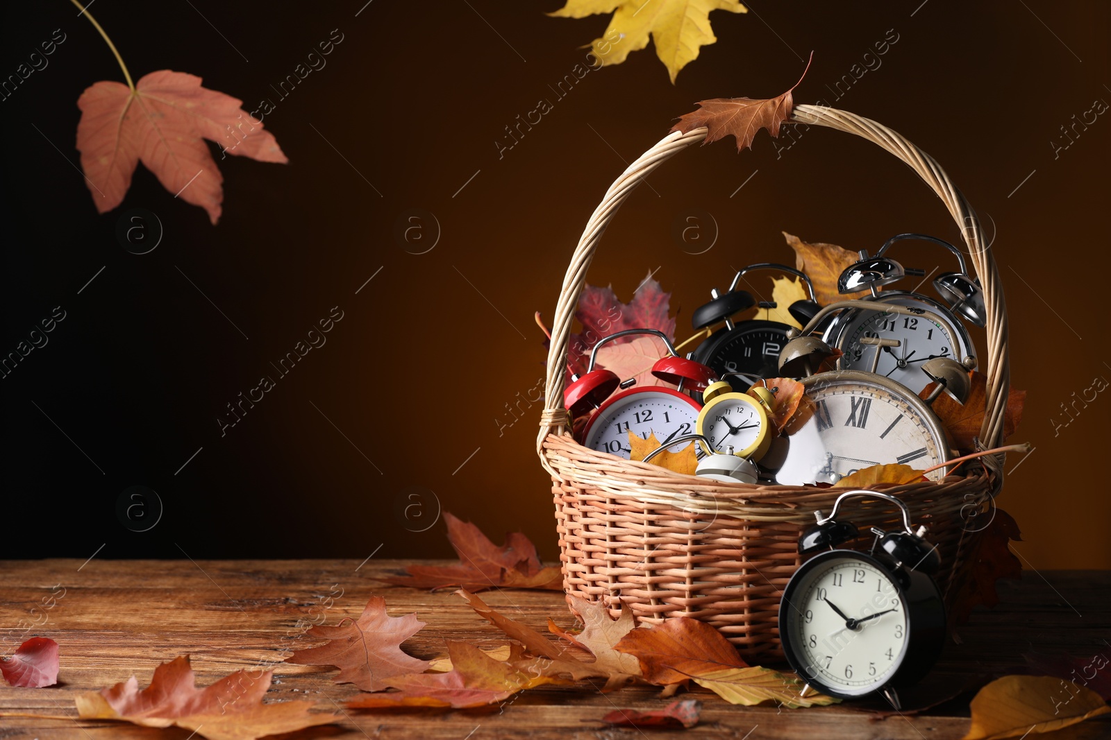 Photo of Alarm clocks and dry leaves in wicker basket on wooden table against brown background, space for text