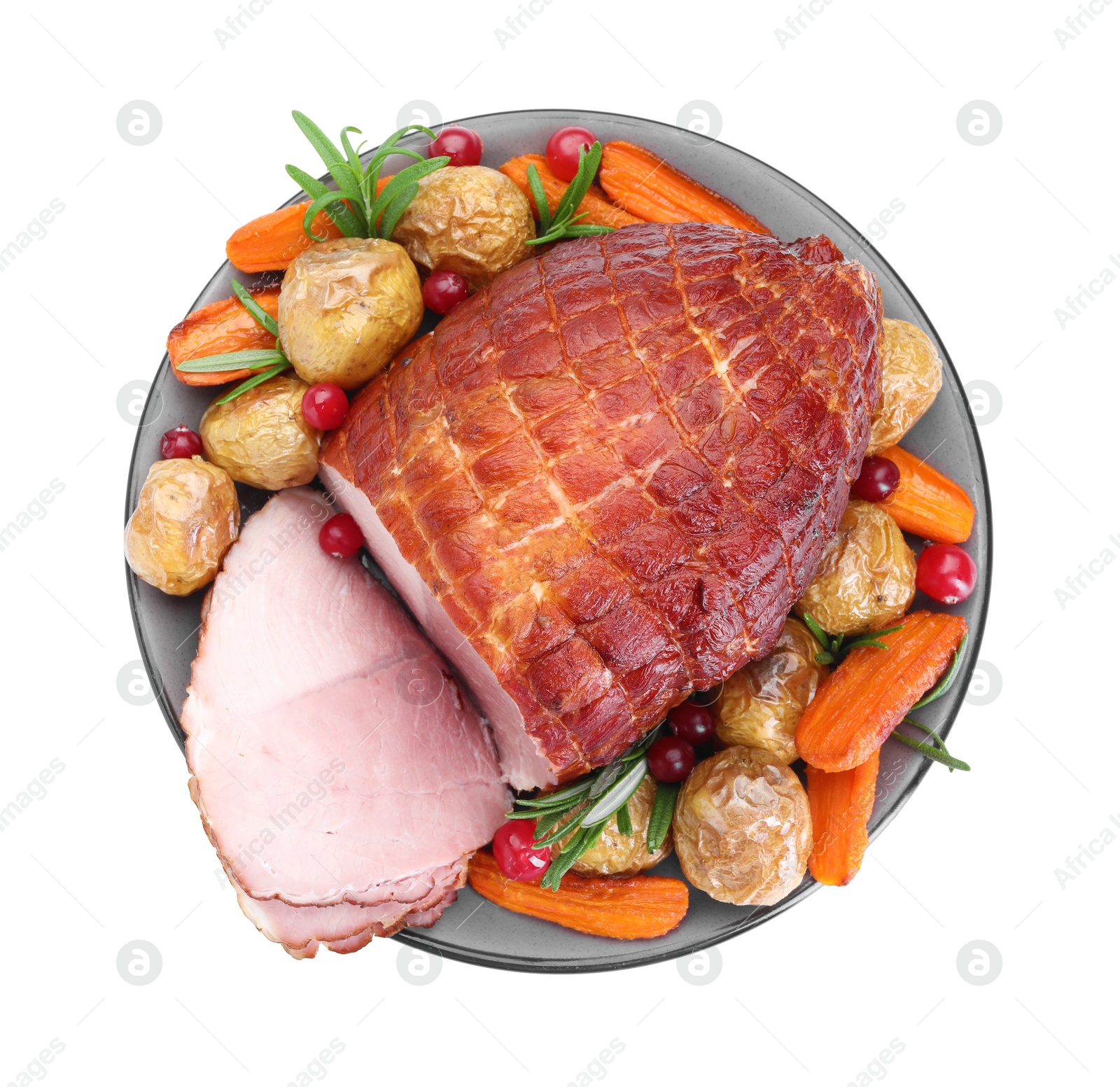 Photo of Christmas food. Tasty baked ham, vegetables and mushrooms isolated on white, top view