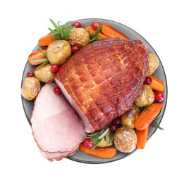 Christmas food. Tasty baked ham, vegetables and mushrooms isolated on white, top view