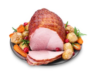 Photo of Christmas food. Tasty baked ham, vegetables and mushrooms isolated on white