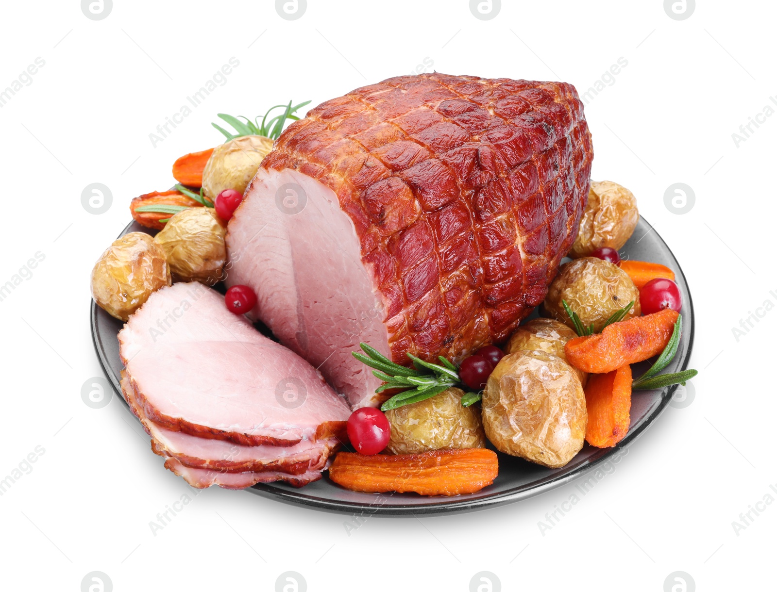 Photo of Christmas food. Tasty baked ham, vegetables and mushrooms isolated on white