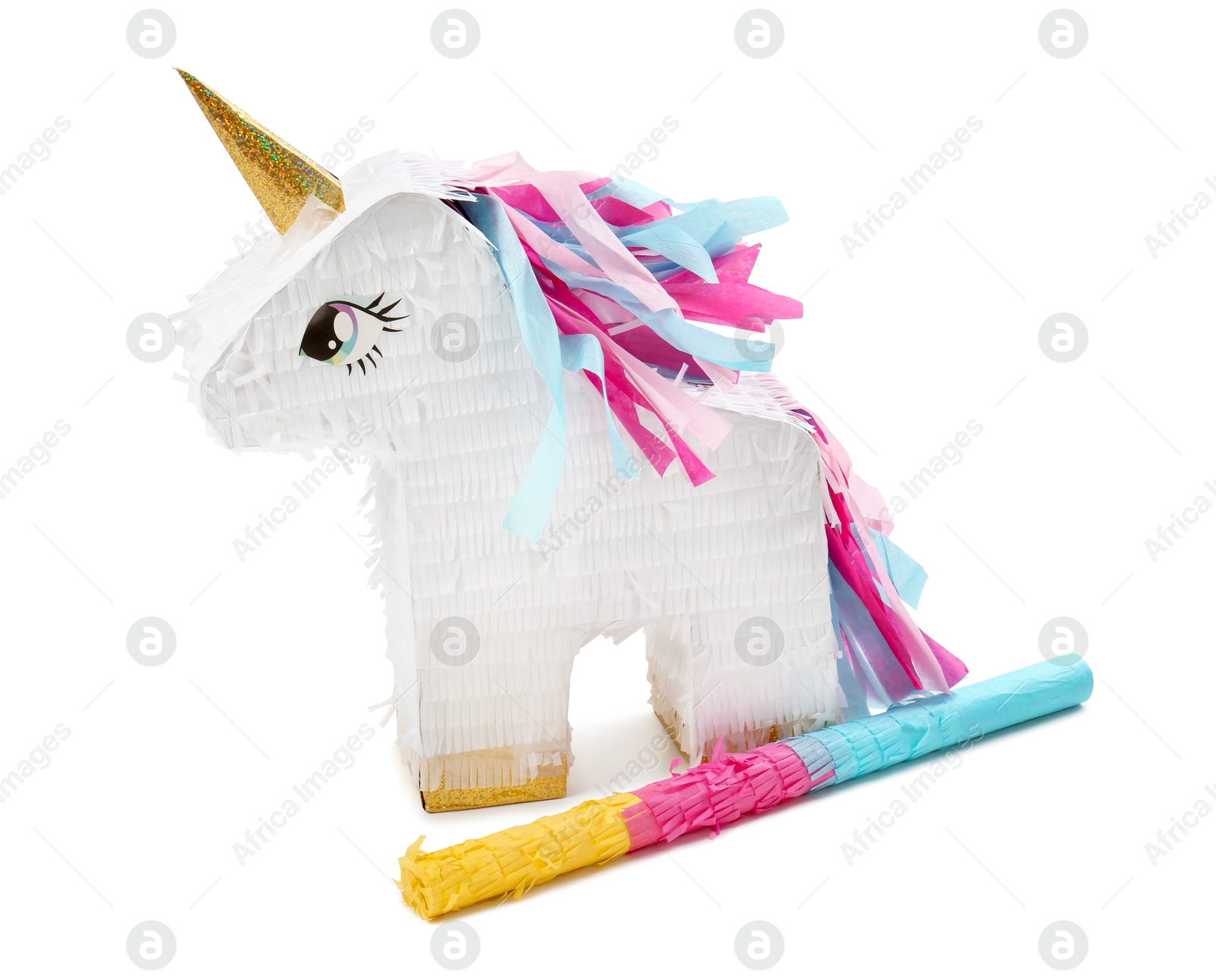 Photo of Colorful unicorn shaped pinata and stick isolated on white