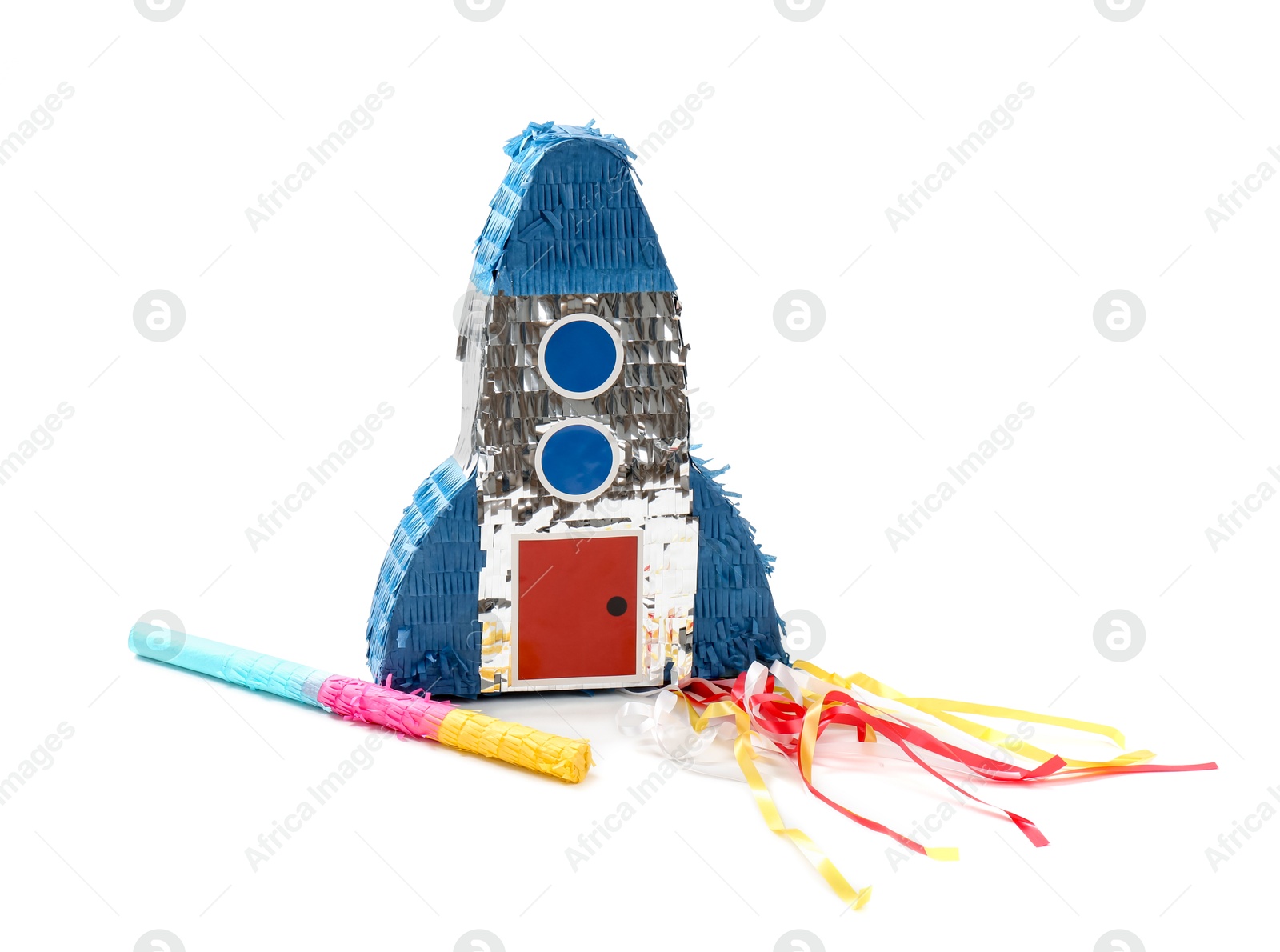 Photo of Rocket shaped pinata and stick isolated on white