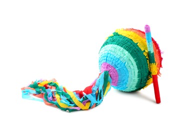 Photo of Bright colorful pinata and stick isolated on white