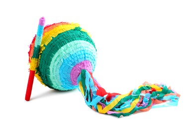 Photo of Bright colorful pinata and stick isolated on white