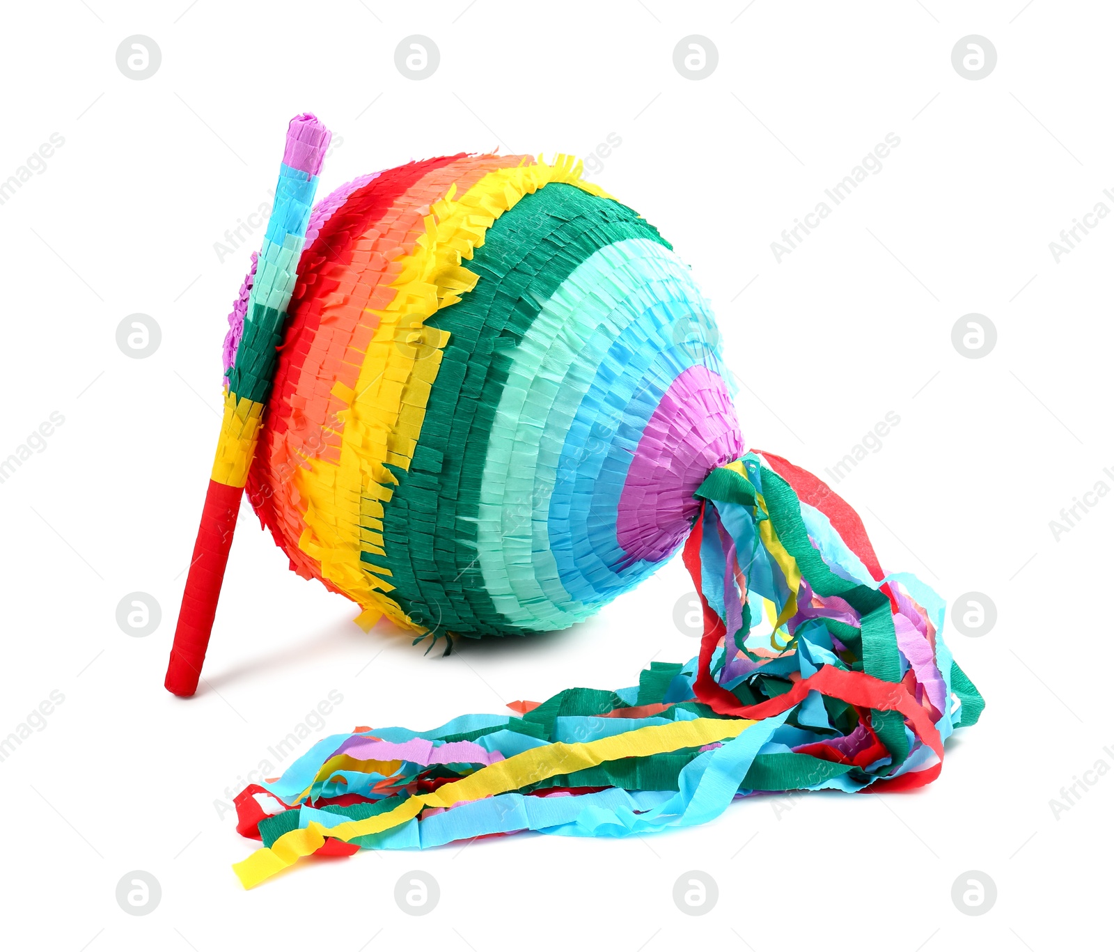 Photo of Bright colorful pinata and stick isolated on white