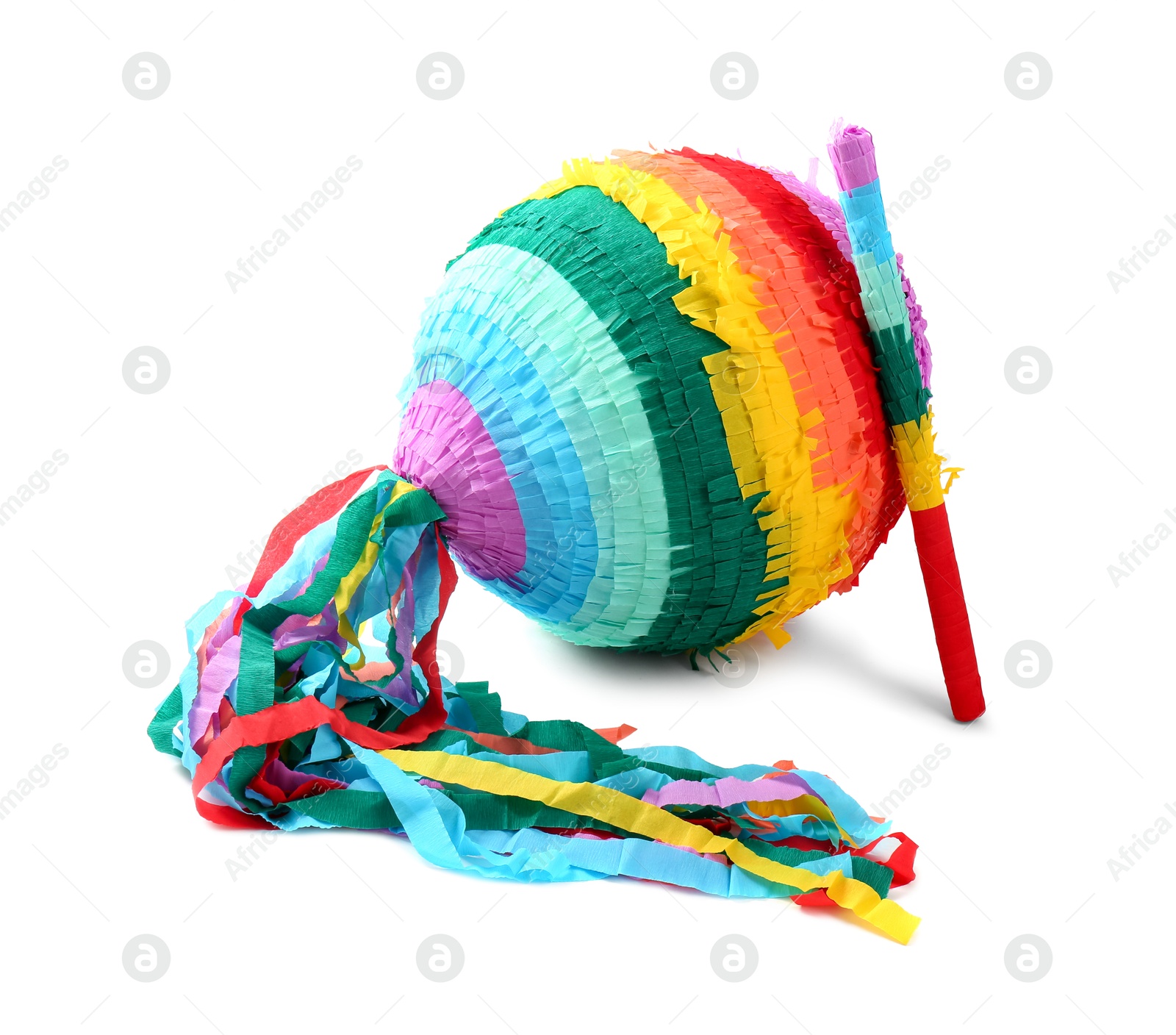 Photo of Bright colorful pinata and stick isolated on white