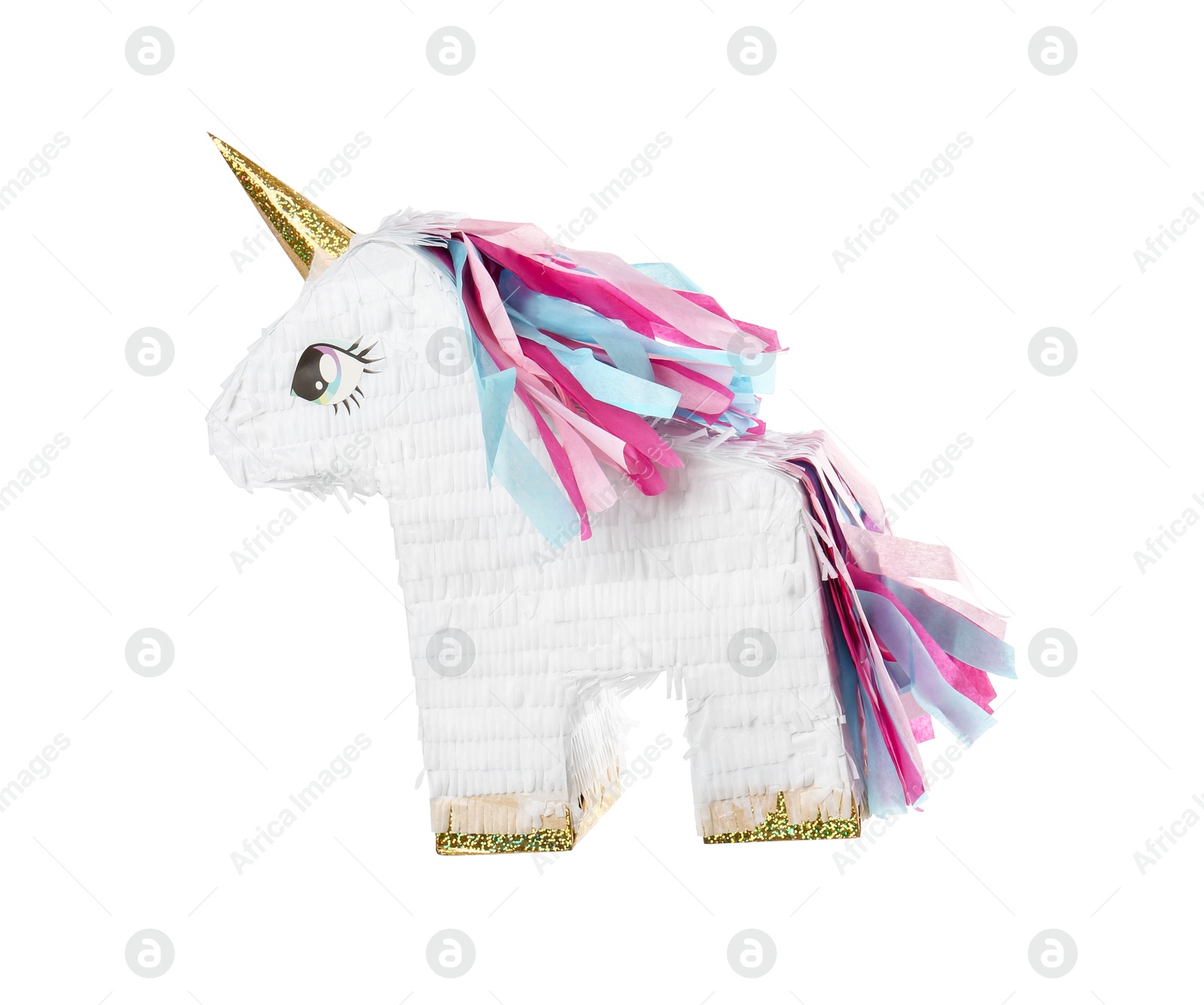 Photo of Colorful unicorn shaped pinata isolated on white