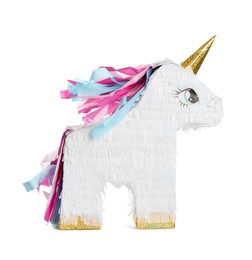 Photo of Colorful unicorn shaped pinata isolated on white