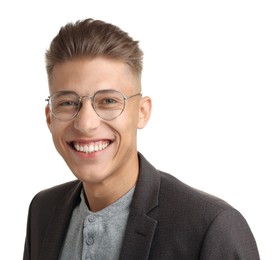 Photo of Handsome young man with stylish haircut on white background