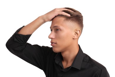 Photo of Confident young man with stylish haircut on white background