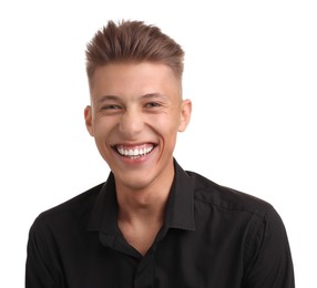 Photo of Smiling young man with stylish haircut on white background