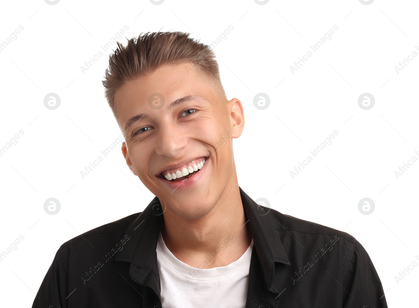 Photo of Smiling young man with stylish haircut on white background