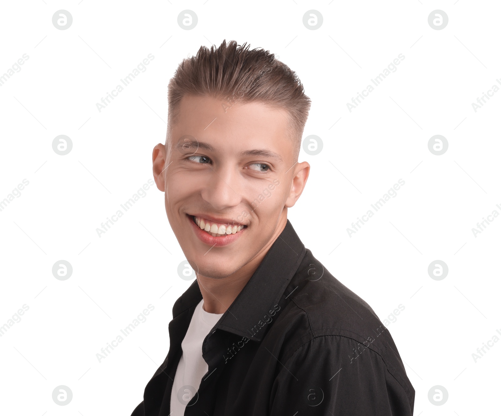 Photo of Smiling young man with stylish haircut on white background