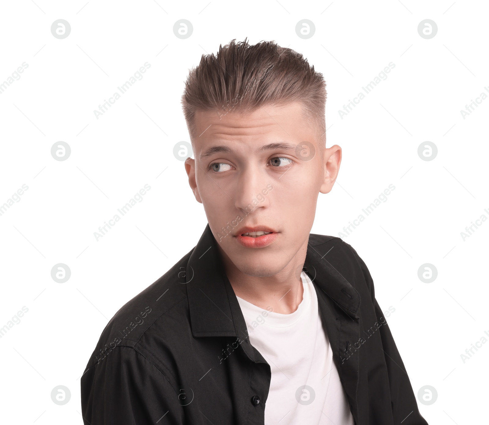 Photo of Confident young man with stylish haircut on white background