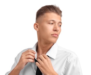 Photo of Confident young man with stylish haircut on white background