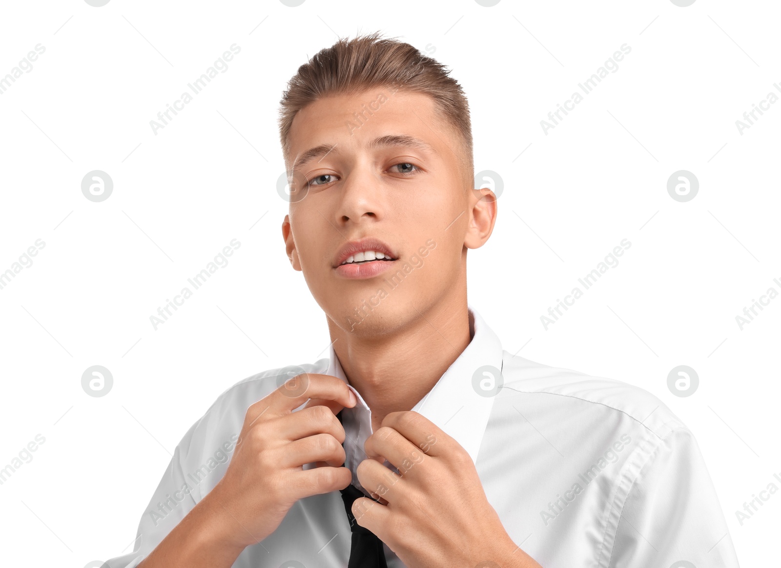 Photo of Confident young man with stylish haircut on white background