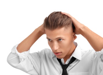 Photo of Confident young man with stylish haircut on white background