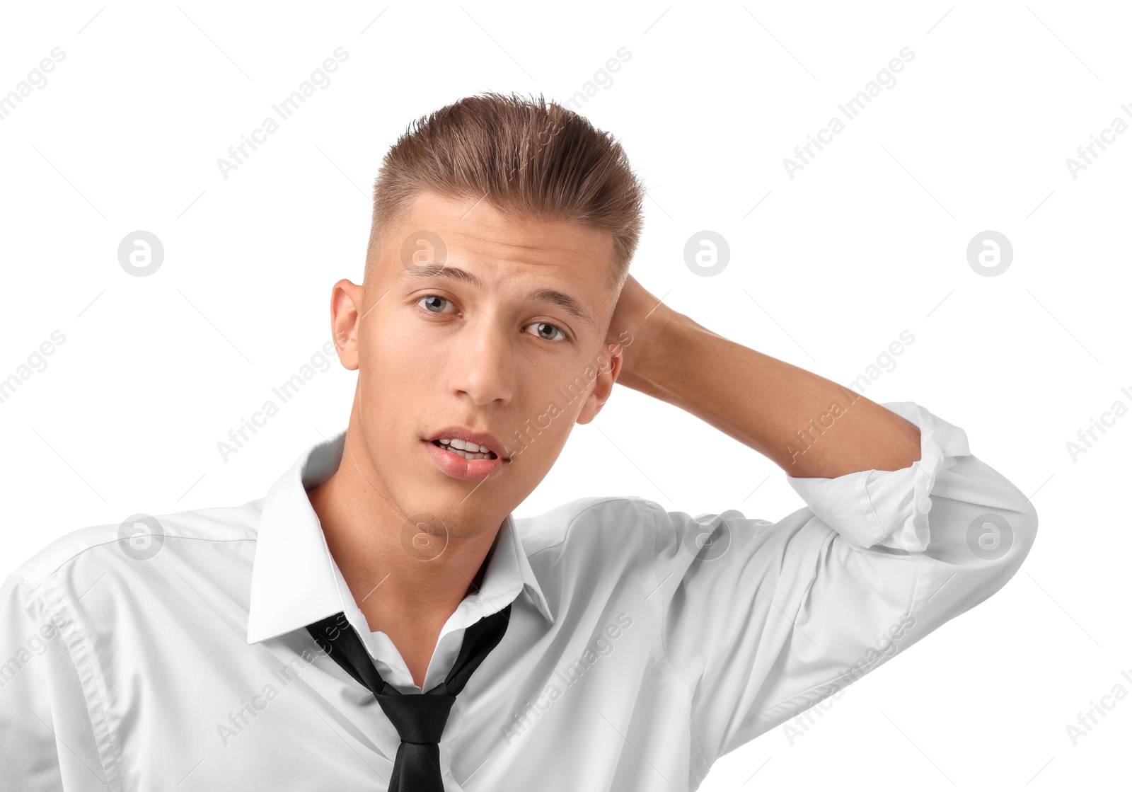 Photo of Confident young man with stylish haircut on white background