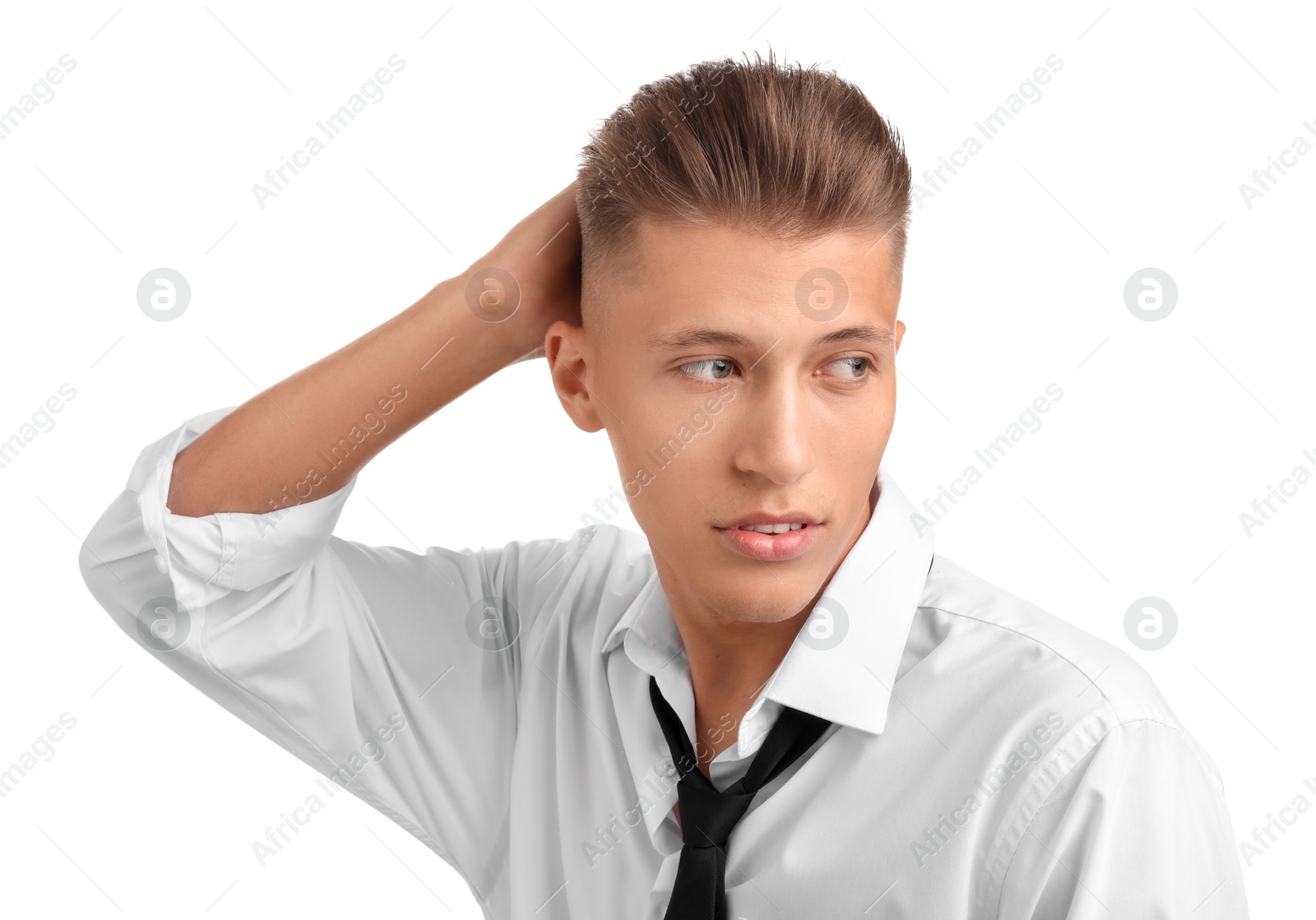 Photo of Confident young man with stylish haircut on white background