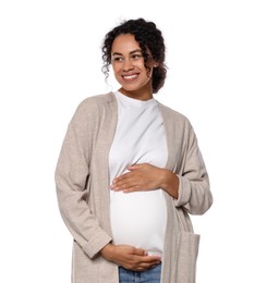 Photo of Portrait of beautiful pregnant woman on white background