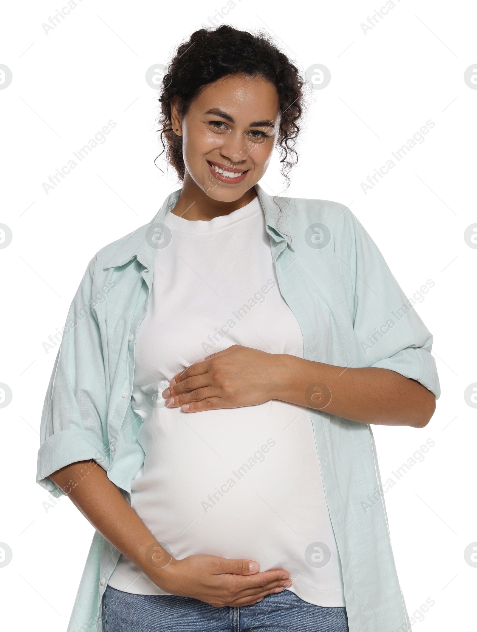 Photo of Portrait of beautiful pregnant woman on white background