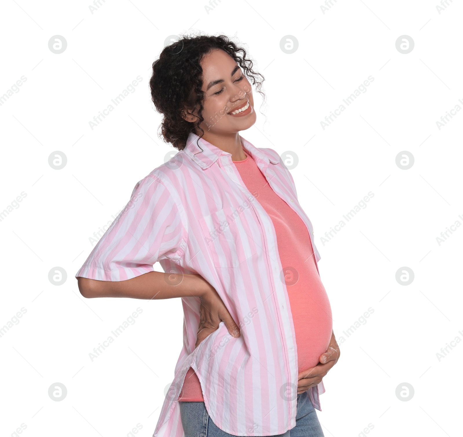 Photo of Portrait of beautiful pregnant woman on white background