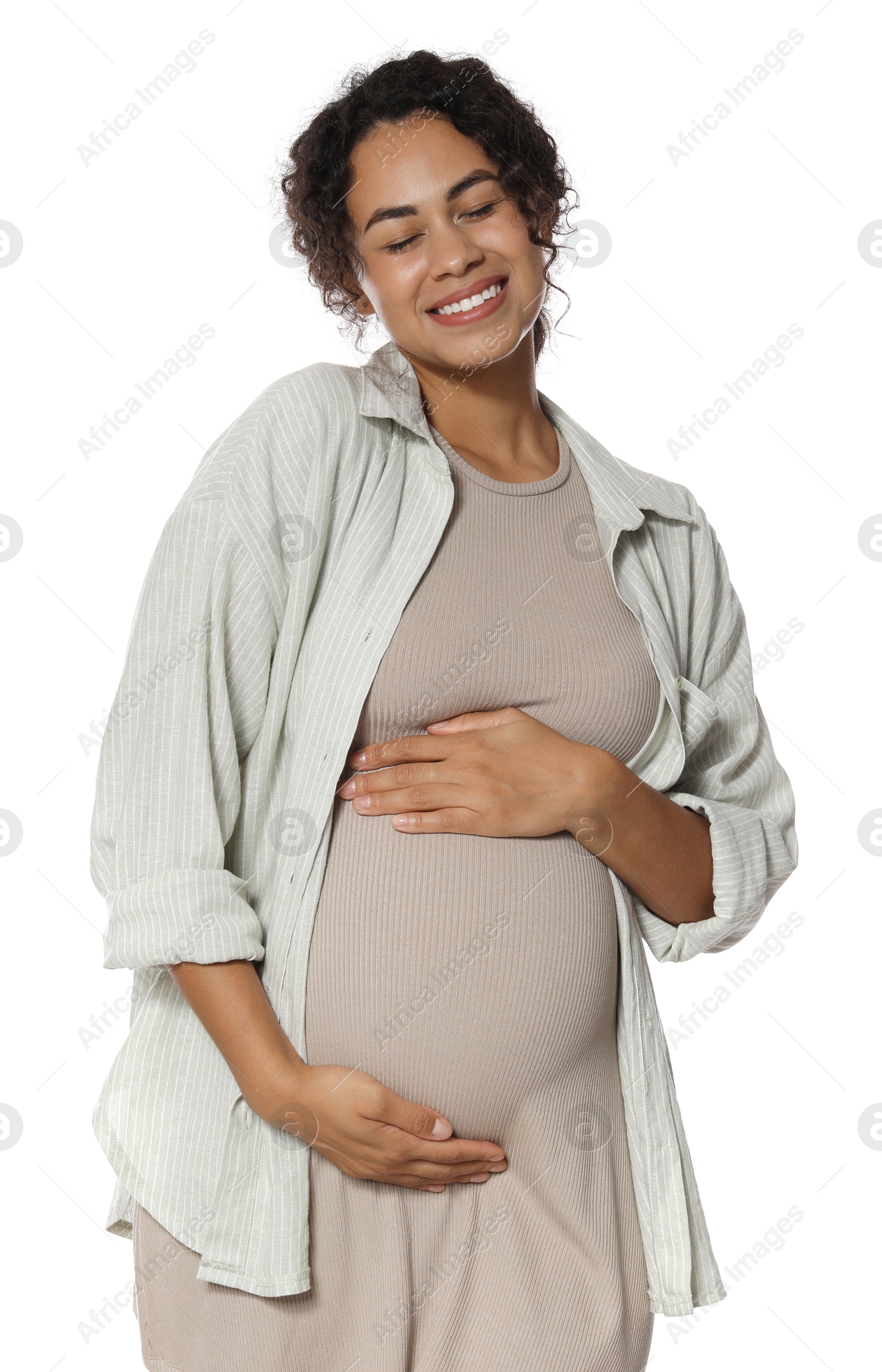 Photo of Portrait of beautiful pregnant woman on white background