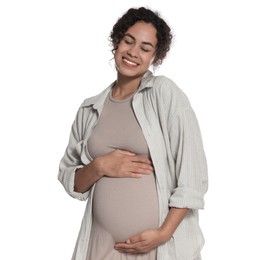 Photo of Portrait of beautiful pregnant woman on white background