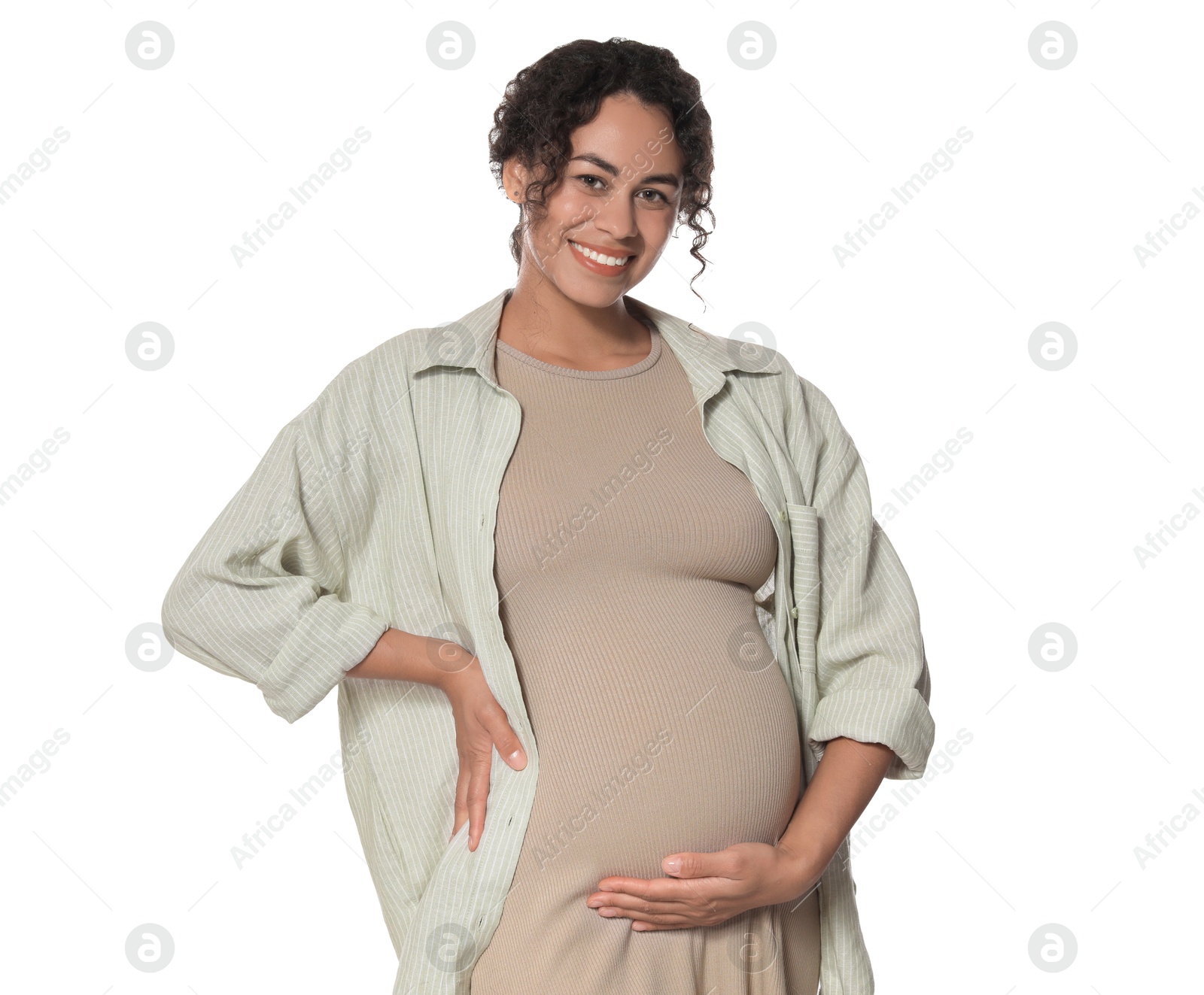 Photo of Portrait of beautiful pregnant woman on white background