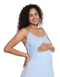 Photo of Portrait of beautiful pregnant woman on white background