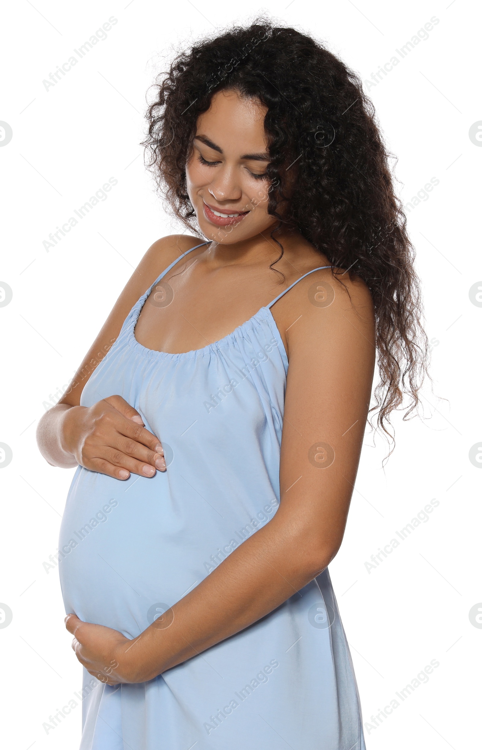 Photo of Portrait of beautiful pregnant woman on white background