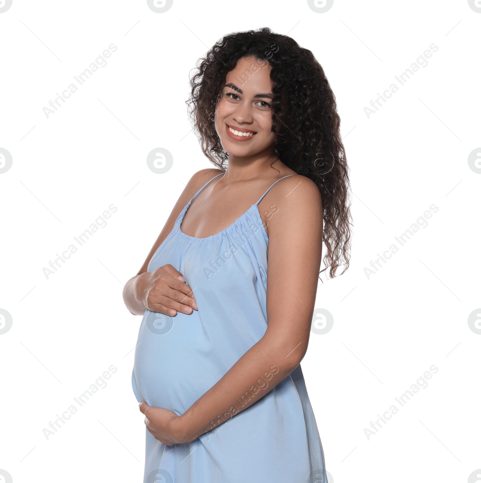 Photo of Portrait of beautiful pregnant woman on white background