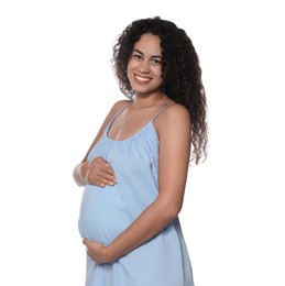 Photo of Portrait of beautiful pregnant woman on white background