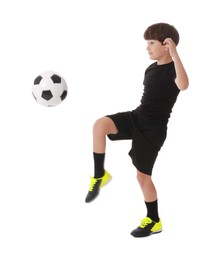 Photo of Boy with soccer ball playing football on white background