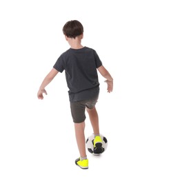 Photo of Boy with soccer ball playing football on white background, back view