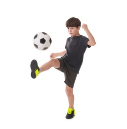 Photo of Boy with soccer ball playing football on white background