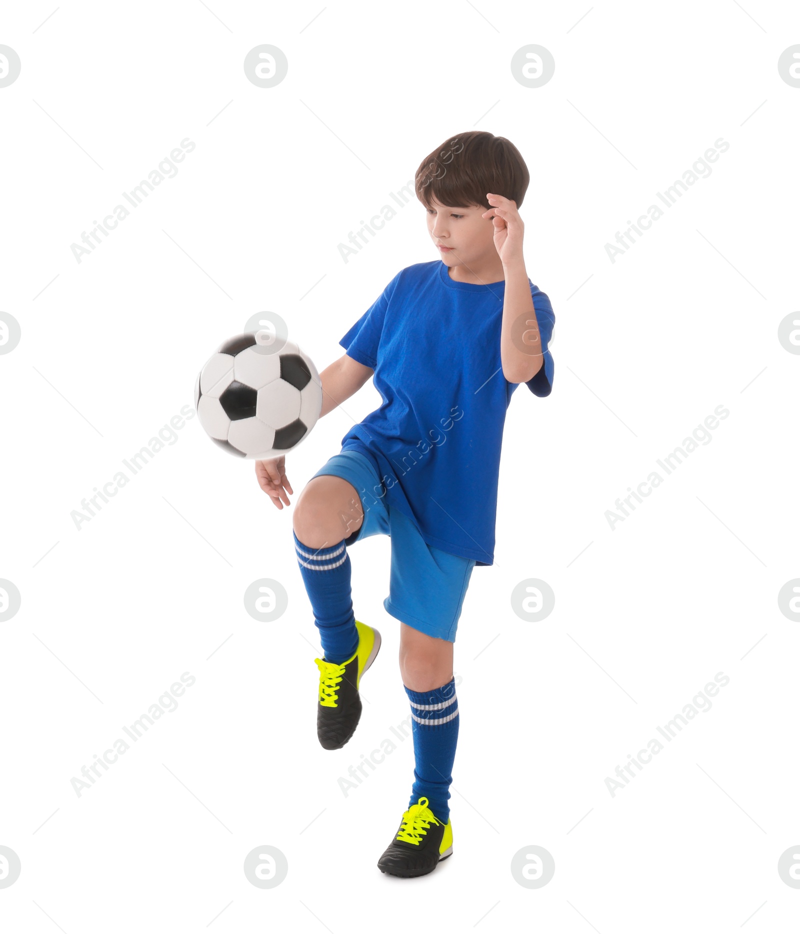 Photo of Boy with soccer ball playing football on white background